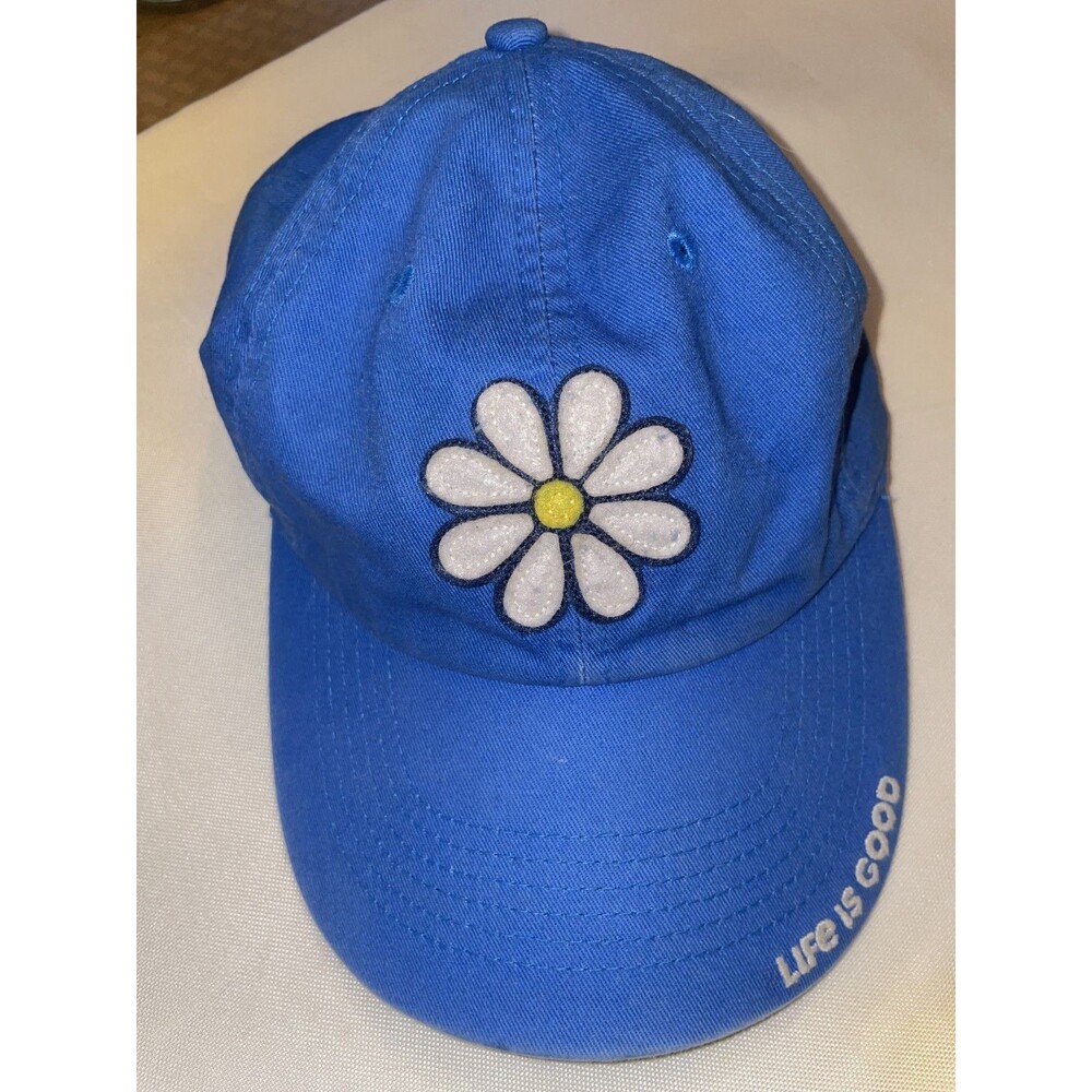 Life Is Good Strap Back Hat Cap Blue Embroidered Daisy Flower Women's